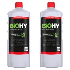 BiOHY Sanitärreiniger (2x1l Flasche) | Kalkzersetzendes Konzentrat Für Den Sanitärbereich | Badreiniger Mit Angenehme & Frischen Duft | EXTRA STARK